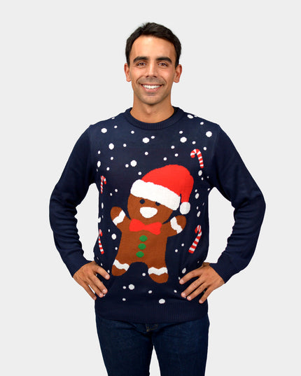 Blue Christmas Sweater for Men with Gingerbread Design