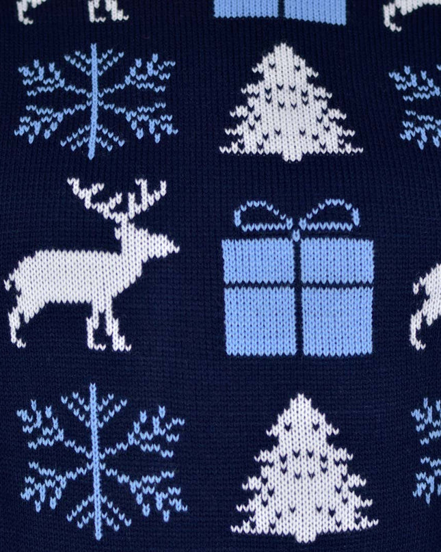 Blue Christmas Sweater for Men with Reindeer, Gifts, and Trees