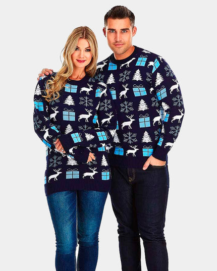 Blue Christmas Sweater for Men with Reindeer, Gifts, and Trees
