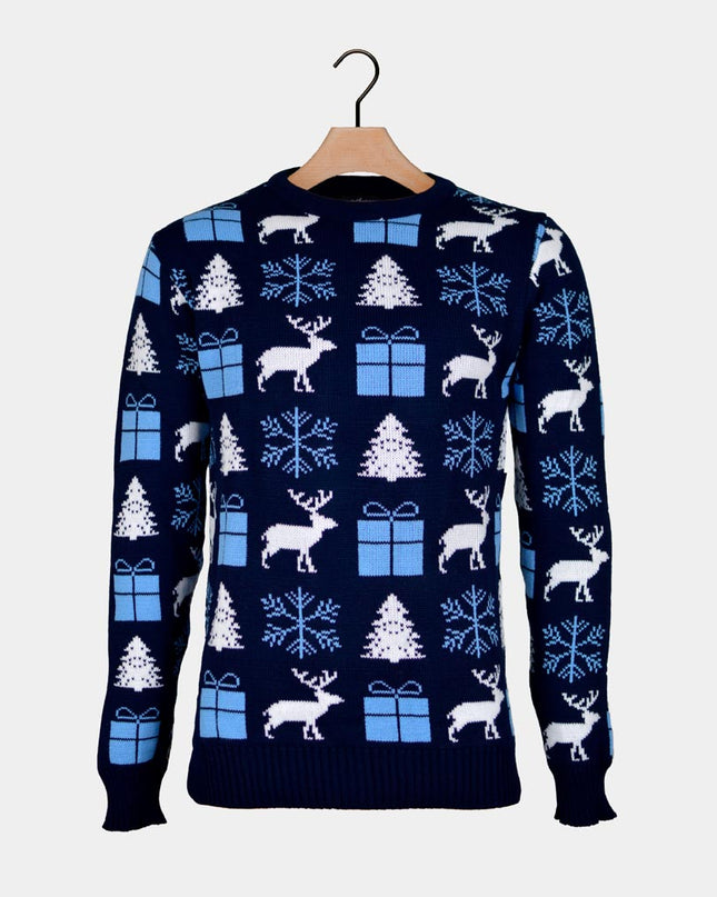 Blue Christmas Sweater for Men with Reindeer, Gifts, and Trees