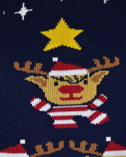 Christmas Sweater for Men Blue with Reindeer, Christmas Tree, and Star
