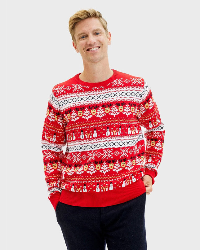 Organic Cotton Red Christmas Sweater for Men with Snowmen and Trees