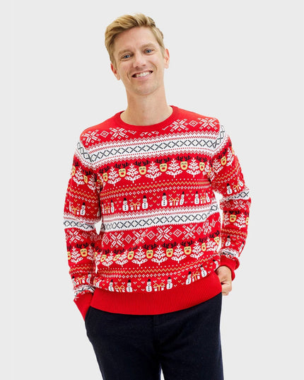 Organic Cotton Red Christmas Sweater with Snowmen and Trees