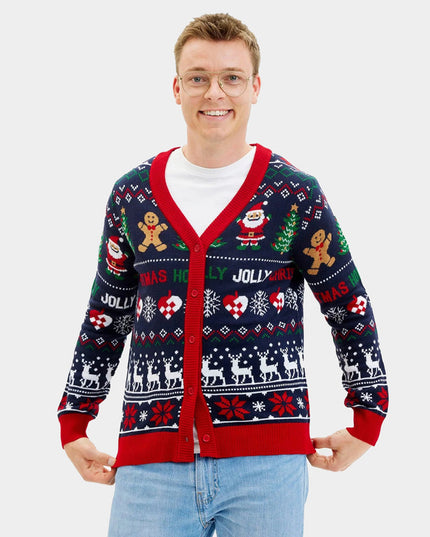 Men's Blue and Red Christmas Cardigan