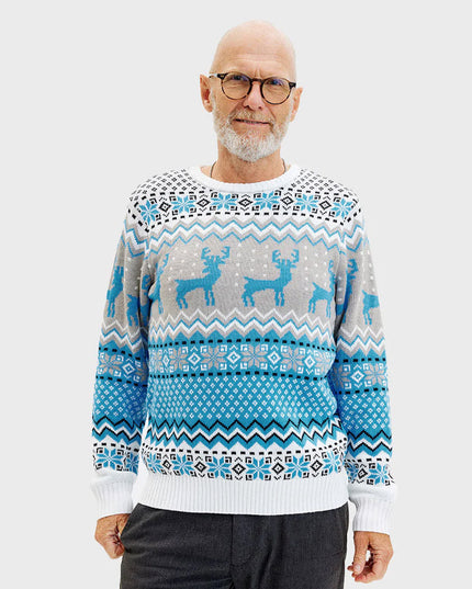 Women's Chic White, Grey, and Blue Christmas Sweater with Reindeer