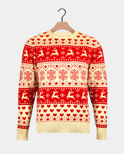 Men's Organic Cotton Christmas Sweater with Red Hearts on Beige