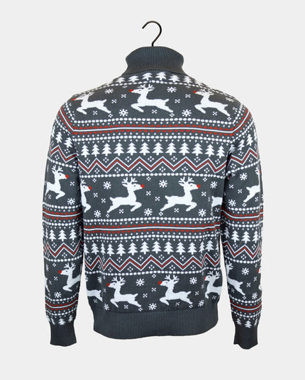 Men's Organic Cotton Grey Roll Neck Reindeer Sweater