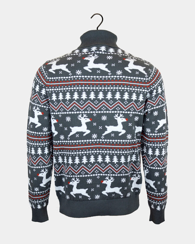 Men's Organic Cotton Grey Roll Neck Reindeer Sweater