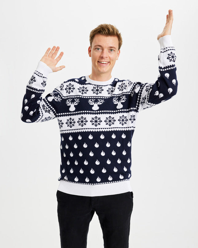Blue Couples Christmas Sweater with Reindeer and Snow