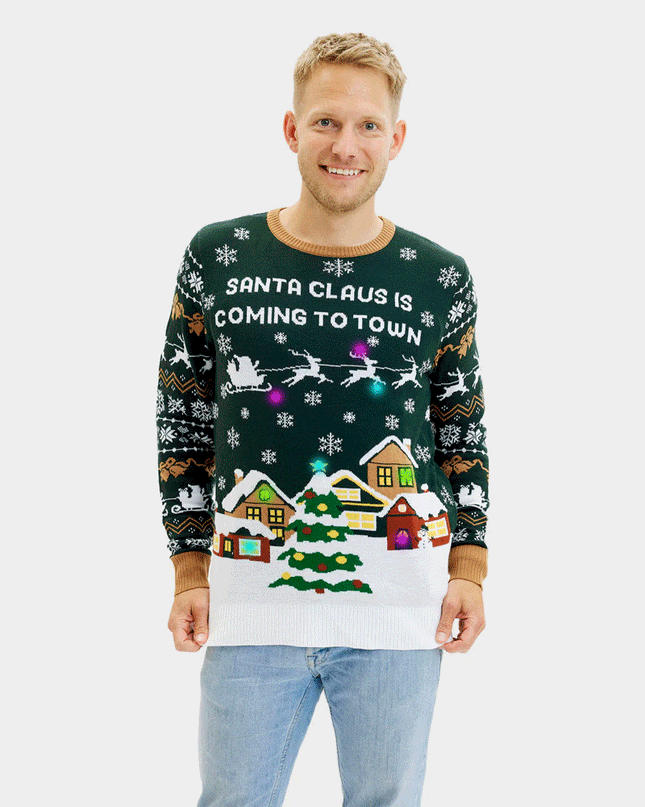 Light-Up LED "Santa is Coming to Town" Couple Christmas Sweater