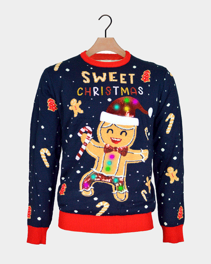 Luminous LED Blue Christmas Sweater with Ginger Cookie