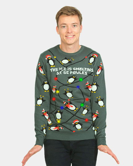 Christmas Sweater for Men Light-Up LED Grey with Penguins