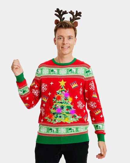 Men's LED Red Christmas Sweater with Christmas Tree