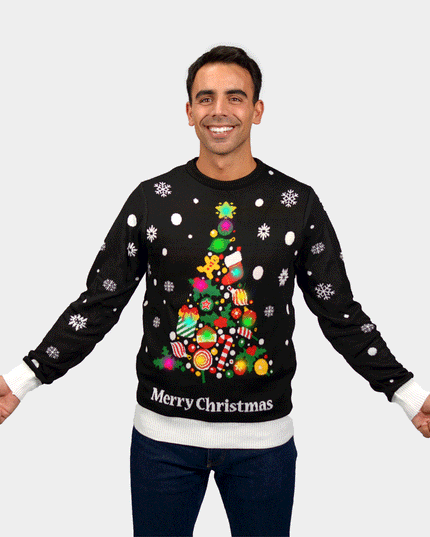 Men's LED Black Christmas Sweater with Tree