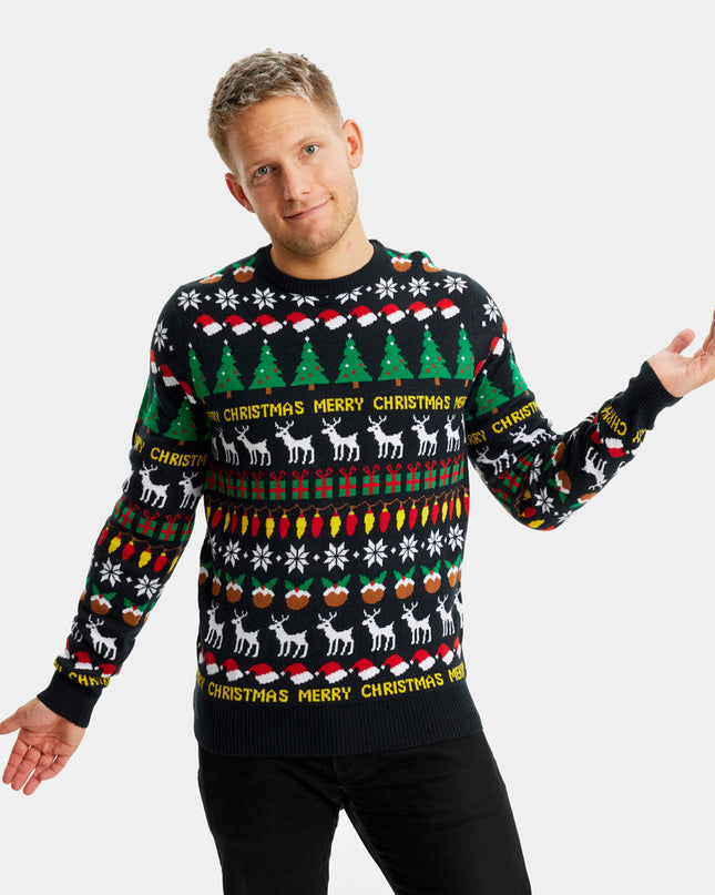 Christmas Sweater for Men Black with Trees, Reindeer, and Gifts