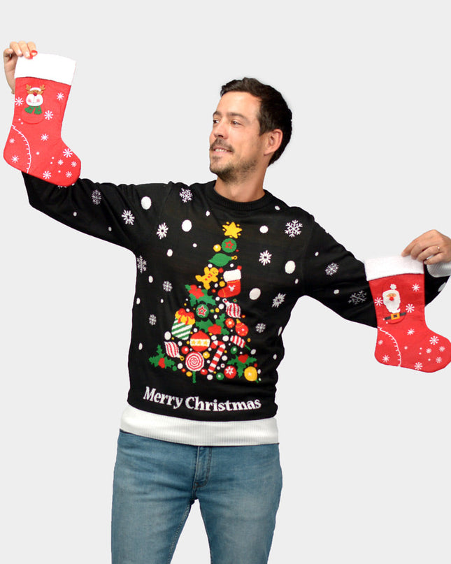 Black Christmas Sweater for Men with Christmas Tree