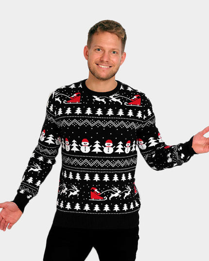 Black Christmas Sweater for Men with Trees and Snowmen