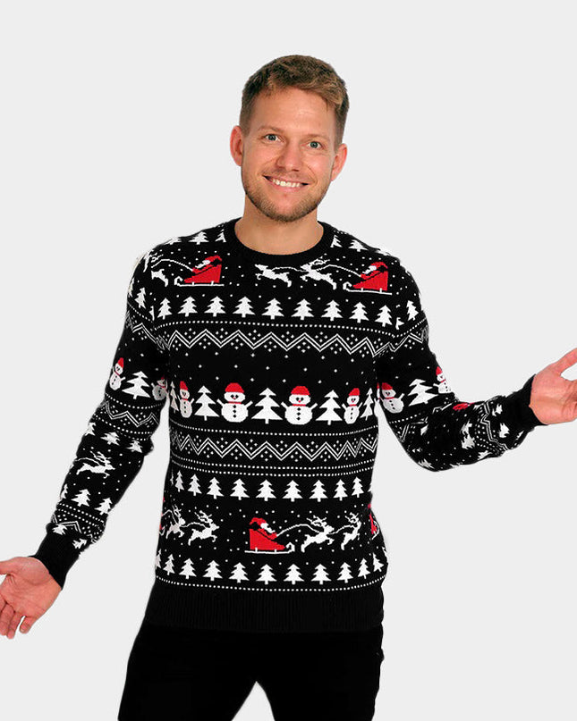 Couple's Christmas Sweater Black with Trees and Snowmen