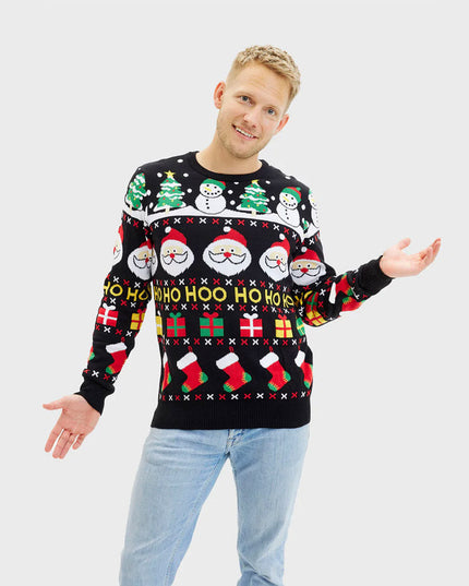 Men's Organic Cotton Sweater with Santa, Gifts, and Snowmen