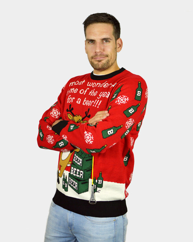 Christmas Sweater for Men with Reindeer and Beer Opener