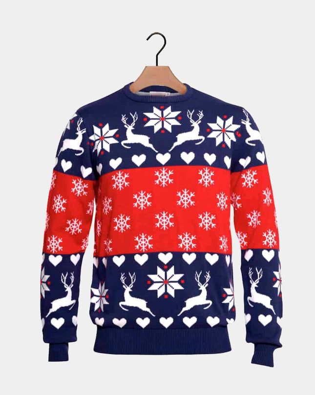 Blue and Red Christmas Sweater for Men with Reindeer and Hearts