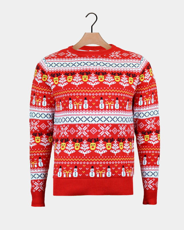 Organic Cotton Red Christmas Sweater for Men with Snowmen and Trees