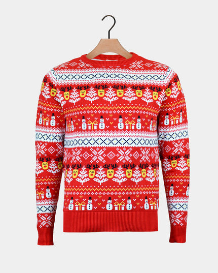 Organic Cotton Red Christmas Sweater with Snowmen and Trees