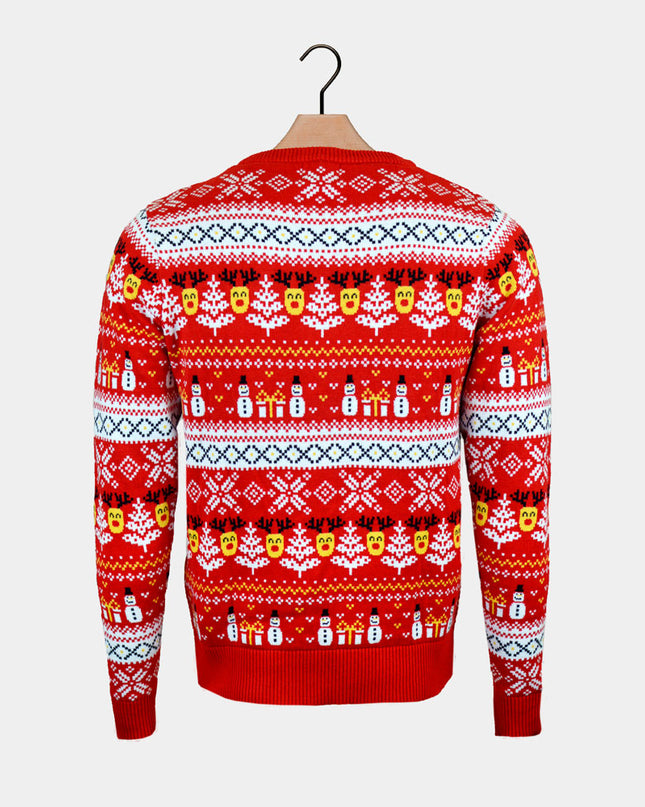 Organic Cotton Red Christmas Sweater with Snowmen and Trees
