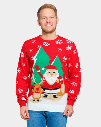 Red Christmas Sweater for Men with Santa and Reindeer