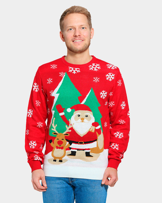 Women's Red Christmas Sweater with Santa and Reindeer
