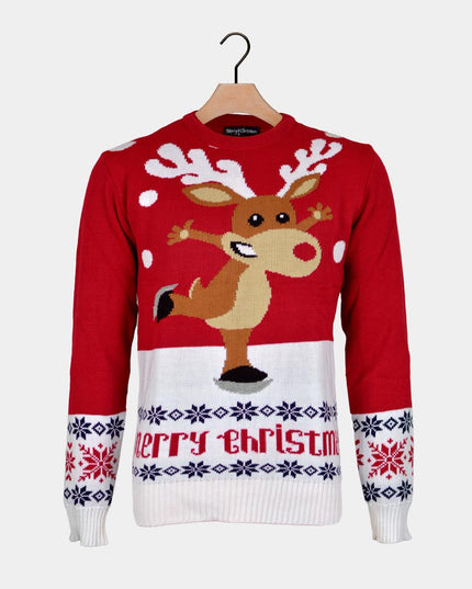 Red Christmas Sweater for Men with Skating Reindeer