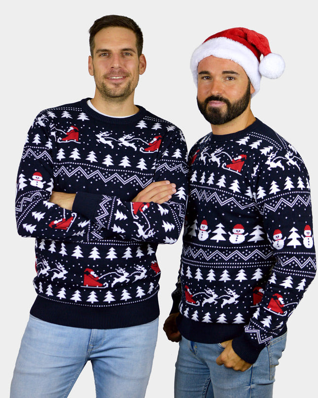Blue Christmas Sweater for Men with Trees and Snowmen