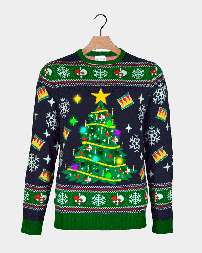 Men's LED Blue Christmas Sweater with Christmas Tree