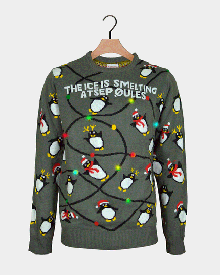 LED Gray Christmas Sweater for Men with Penguins