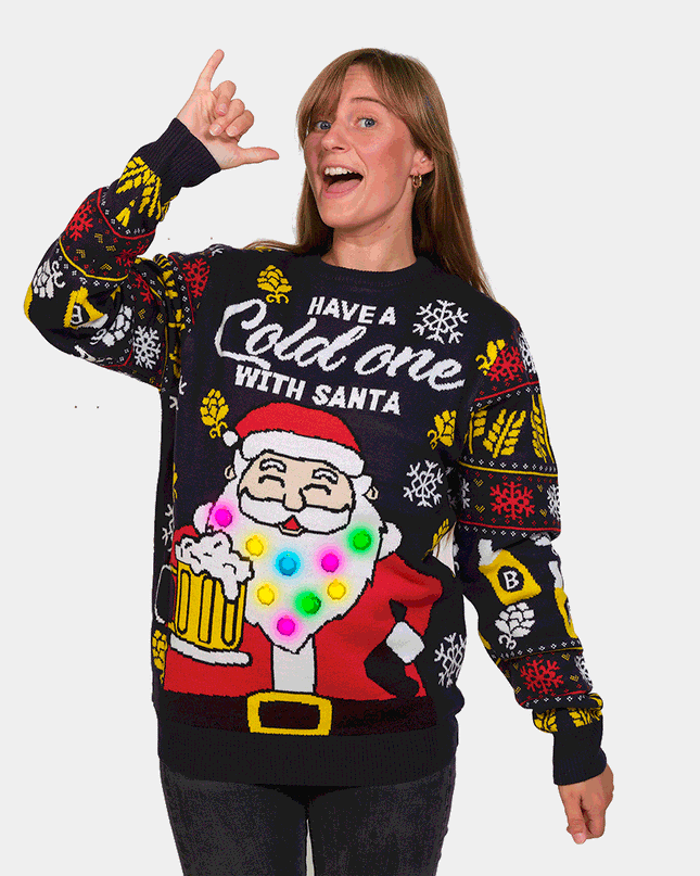 Women's Light-Up LED Santa with Beer Christmas Sweater