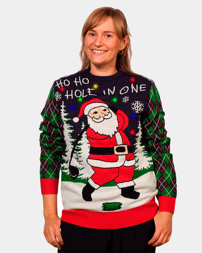 Women's Light-Up LED Santa Playing Golf Christmas Sweater