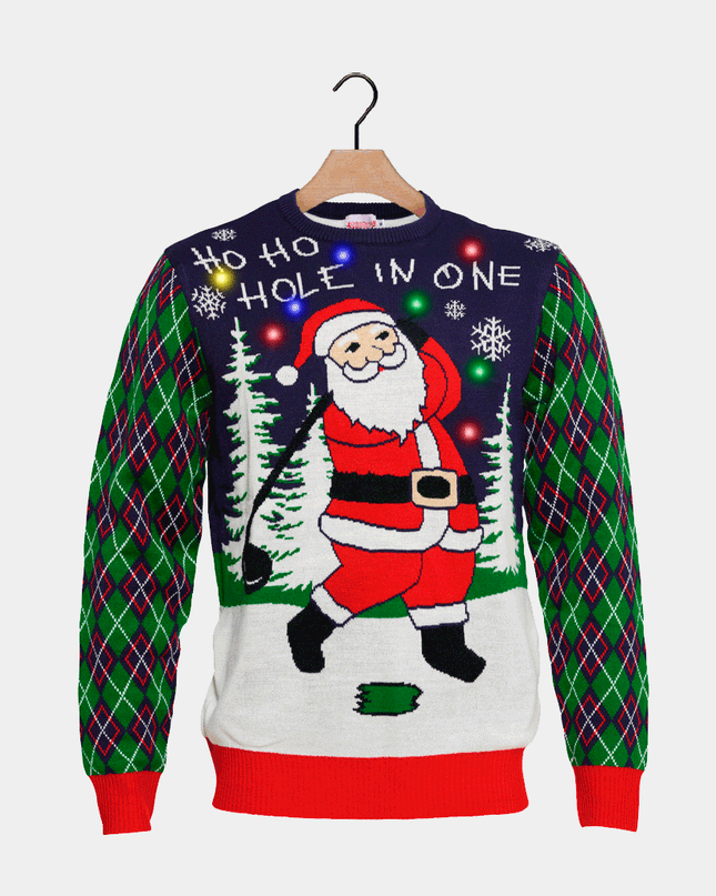 Women's Light-Up LED Santa Playing Golf Christmas Sweater