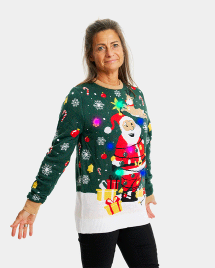 Women's LED Christmas Sweater with Tied-Up Santa
