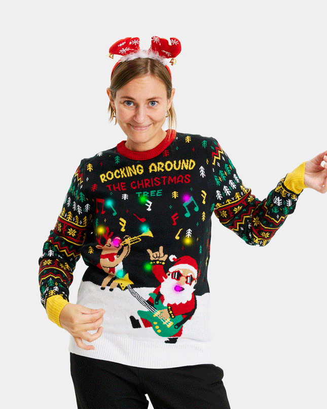 Women's LED Christmas Sweater featuring Rocker Santa