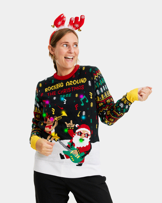 Women's LED Christmas Sweater featuring Rocker Santa