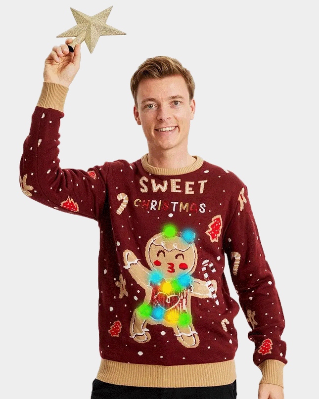 Light-Up Men's Christmas Sweater with Red Ginger Cookie