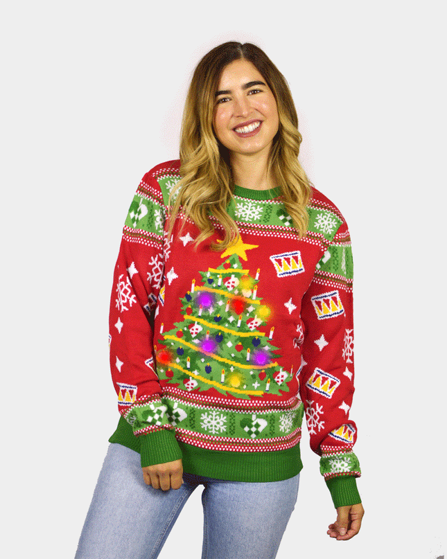 Women's Red LED Christmas Sweater with Tree