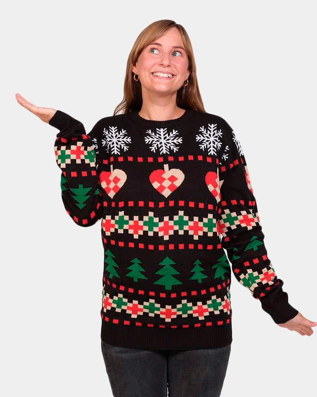 Black Christmas Sweater with Snow, Hearts, and Trees