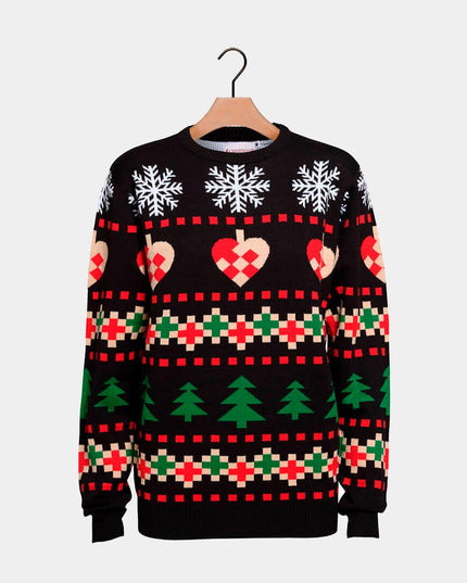 Black Christmas Sweater with Snow, Hearts, and Trees