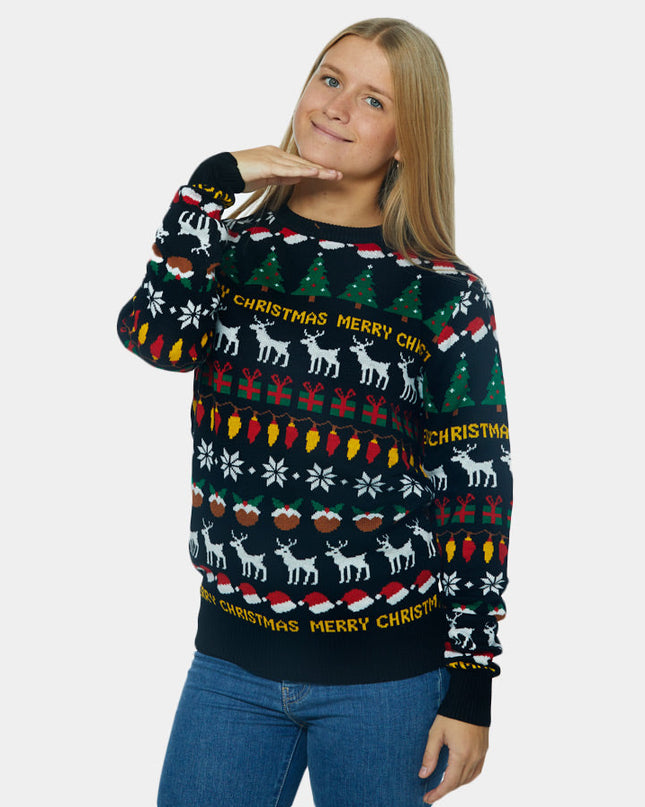 Black Christmas Sweater for Men with Trees and Gifts