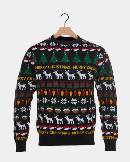 Black Christmas Sweater for Men with Trees, Reindeer, and Gifts