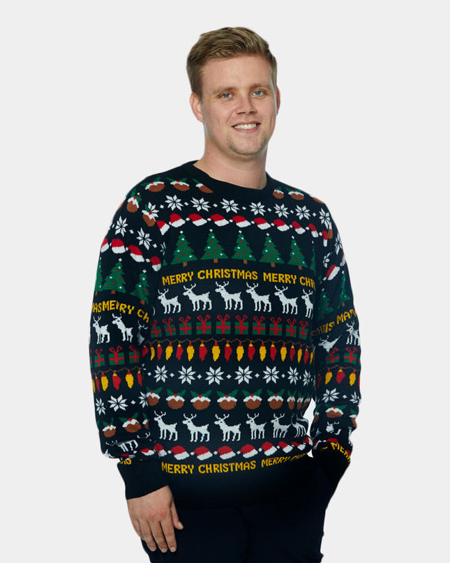 Black Christmas Sweater for Men with Trees, Reindeer, and Gifts