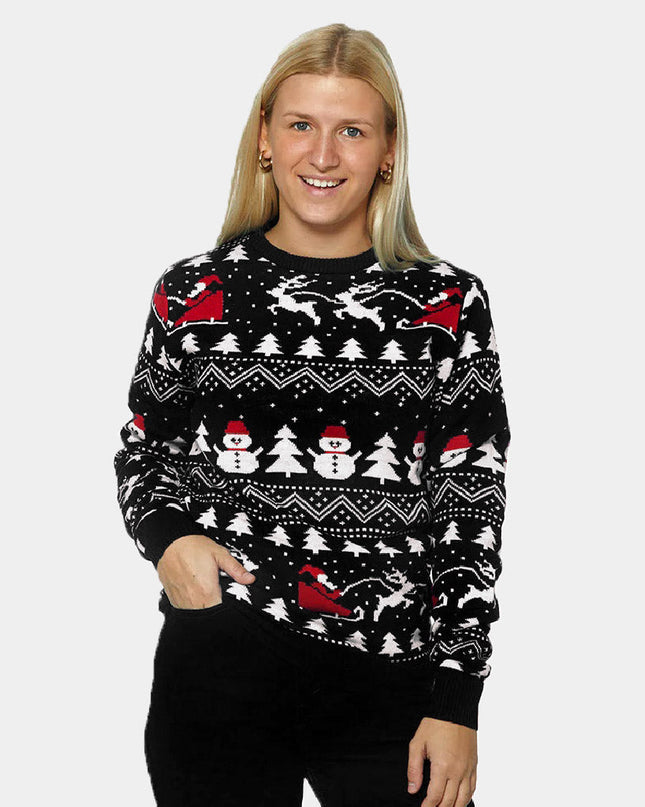 Women's Black Christmas Sweater with Trees and Snowmen