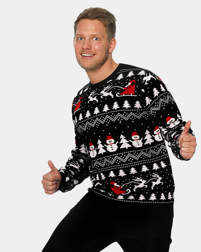 Black Christmas Sweater for Men with Trees and Snowmen