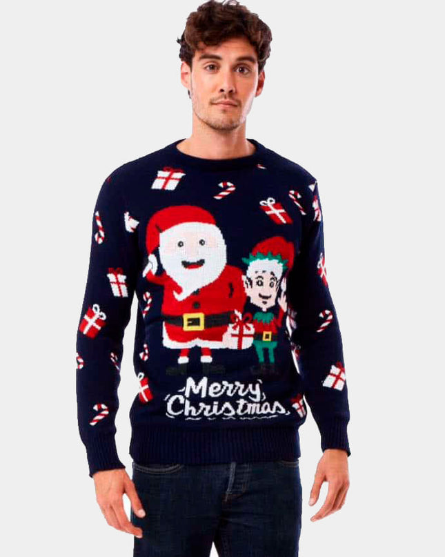 Christmas Sweater for Men Featuring Santa and Elf